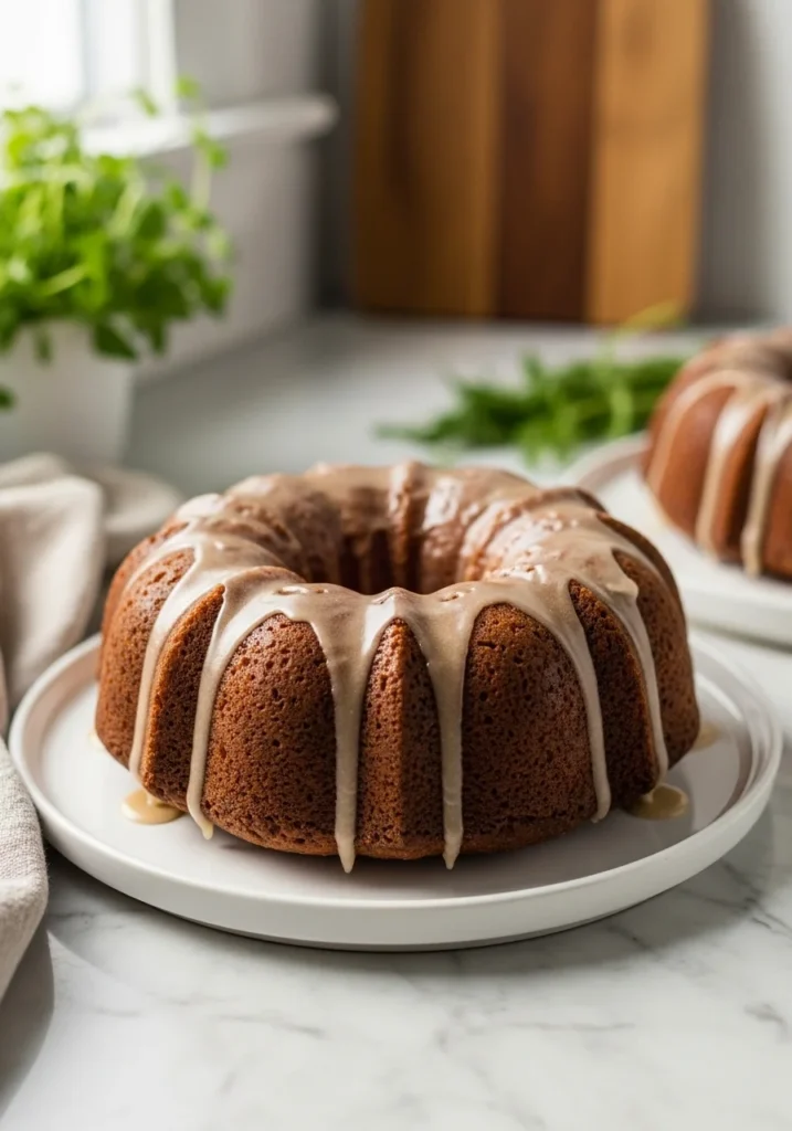 A close-up, slightly elevated side view of the finished Maple Brown Sugar Bundt Cake, showcasing the moist crumb and the generous drizzle of maple cream cheese glaze pooling at its base. It's on a minimalist white plate, placed prominently on the same wooden cutting board. The background features the clean marble countertops and soft, warm natural morning light, with fresh herbs adding subtle color and depth. The focus is on the cake's inviting texture and comforting warmth. No hands or people.