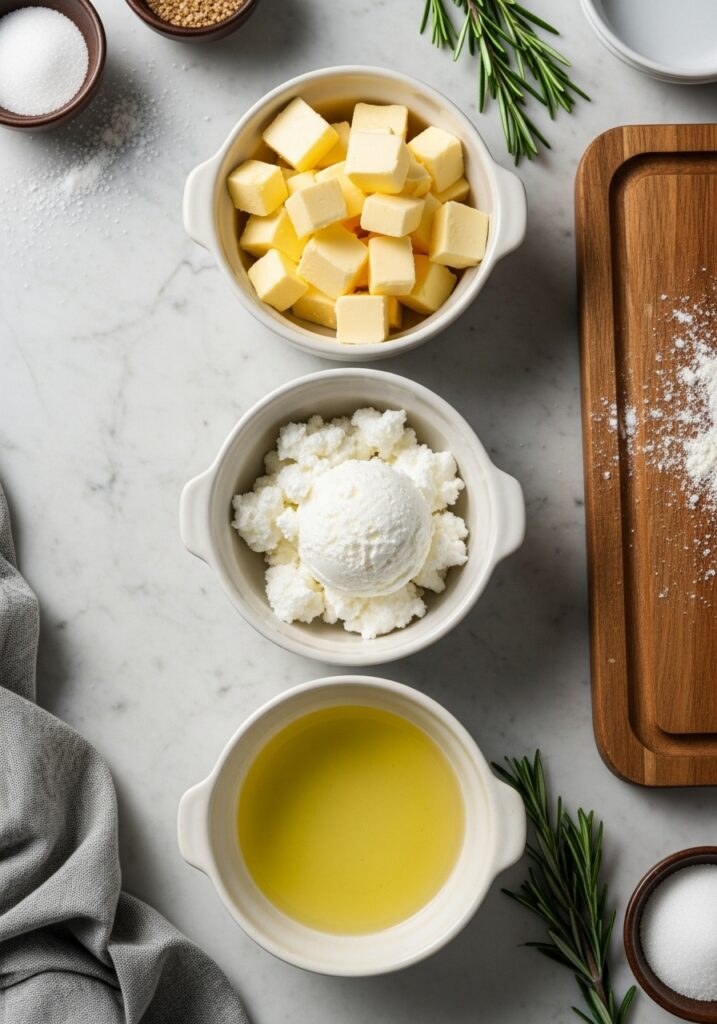 Butter vs Shortening vs Oil An in-process, overhead shot in the same kitchen. Three ceramic bowls are lined up on the marble countertop, each containing one of the primary fats: a mound of cold cubed butter, a scoop of soft white vegetable shortening, and a small pool of neutral cooking oil. Scattered around them are subtle hints of flour, sugar, and a sprig of fresh rosemary, suggesting baking preparation. The same wooden cutting board is nearby, partially in view. Natural morning light from the east window casts soft shadows. The scene feels authentic and just paused. NO HANDS OR PEOPLE.
