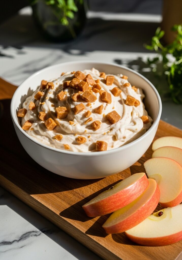 Apple Toffee Dip A delicious close-up, slightly angled shot of the finished Apple Toffee Dip in a minimalist white ceramic bowl, showcasing its creamy texture and abundant toffee bits. A few perfectly sliced apples rest beside the bowl on the same wooden cutting board, all bathed in natural morning light. The marble countertops and soft shadows create a warm, inviting atmosphere, with fresh herbs adding a touch of green in the background.