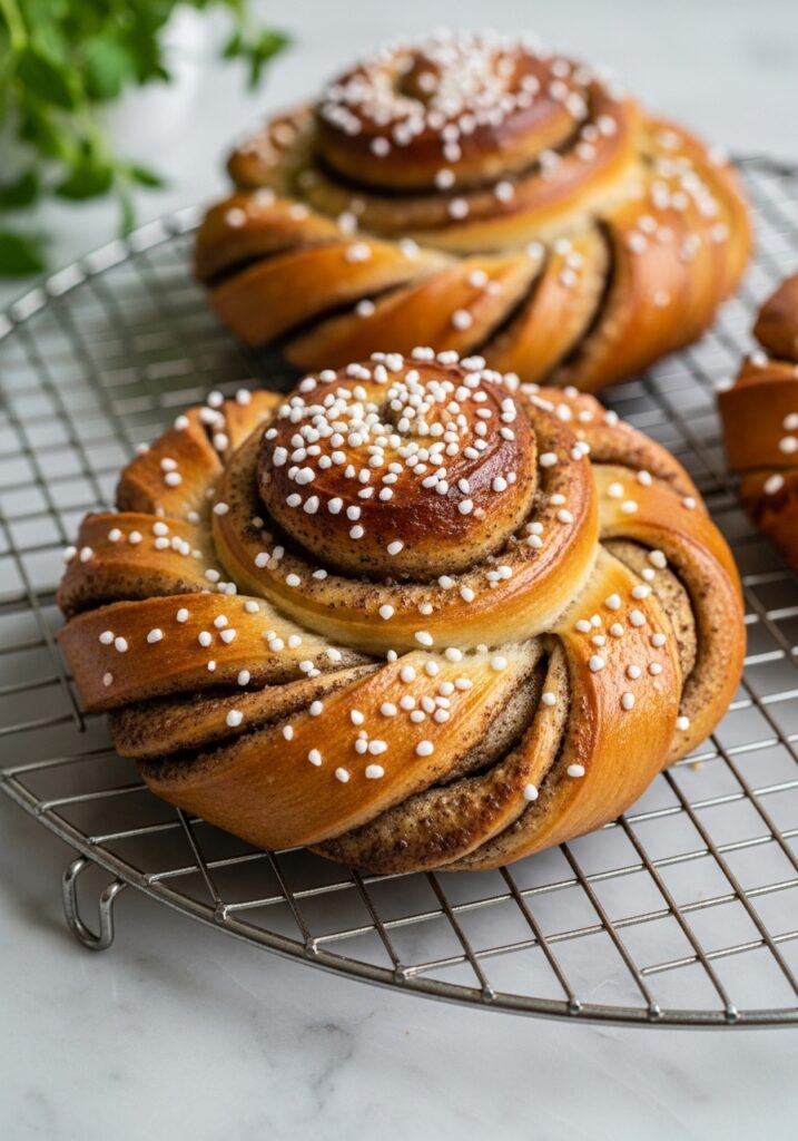 Cardamom Buns Recipe A close-up, delicious shot of two golden brown cardamom buns, perfectly swirled and topped with sparkling pearl sugar, sitting on the wire cooling rack on a marble countertop. The natural morning light highlights the texture and inviting warmth of the buns. Fresh herbs are subtly in the soft background. No hands or people.