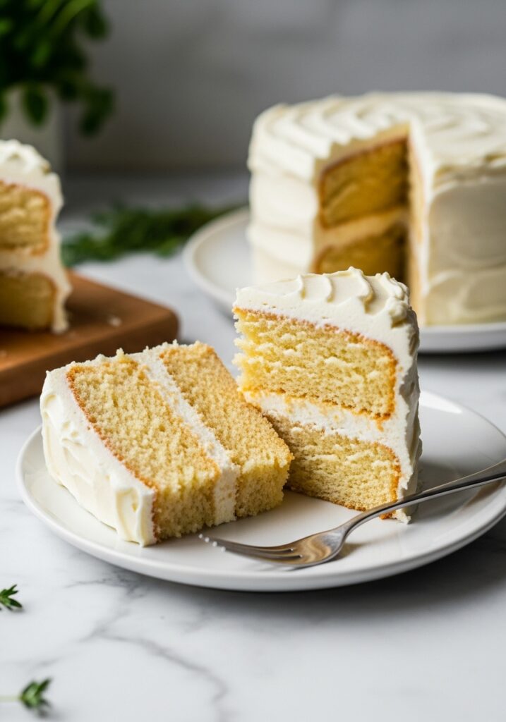 How to Bake a Cake Without Eggs A delicious, perfectly baked eggless vanilla cake, sliced to reveal its moist, fluffy texture, beautifully frosted with white buttercream. This is a close-up, side-angle shot, complementary to the featured image, on a minimalist white plate on marble countertops. Natural morning light from an east window illuminates the scene, creating soft shadows. Fresh herbs are visible in the background, out of focus. The same wooden cutting board is subtly placed to the side. The presentation is clean, tidy, and evokes warm, inviting tones, highlighting the insanely yummy texture. Aspect ratio 3:4.