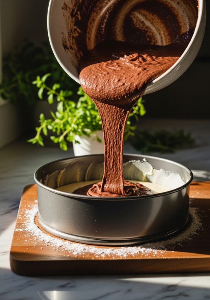 How to Make Chocolate Cake A 3:4 shot showing chocolate cake batter, rich and dark, being poured from a ceramic bowl into a greased and floured round cake pan on the wooden cutting board. The marble countertops are clean, and natural morning light highlights the smooth texture of the batter. Fresh herbs are in the softly blurred background, and soft shadows enhance the warm tones.