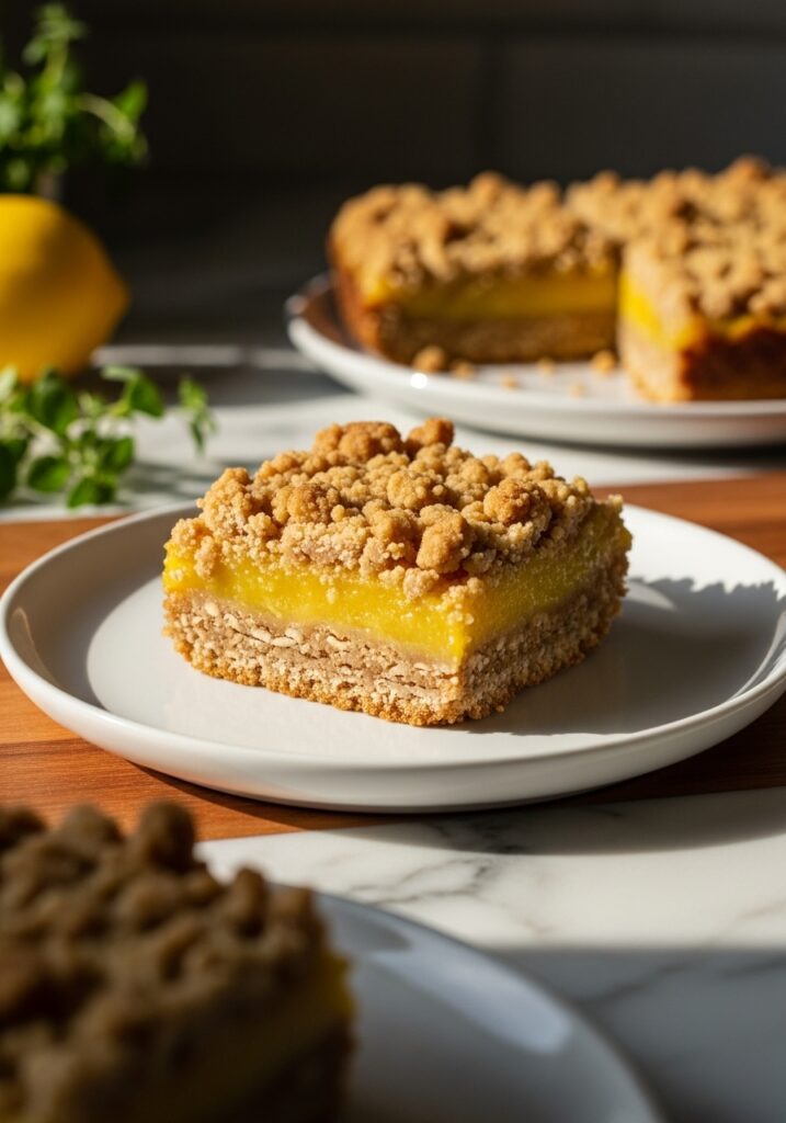 Lemon Oatmeal Crumble Bars A close-up, slightly lower angle view of the same beautifully plated slice of Lemon Oatmeal Crumble Bar on a minimalist white plate, highlighting the distinct layers of the buttery oat crust, vibrant lemon filling, and crumbly topping. It's on a marble countertop with wood accents, illuminated by natural morning light, casting soft shadows. Fresh herbs are subtly visible in the background. The presentation is pristine and warm-toned. (3:4 aspect ratio)