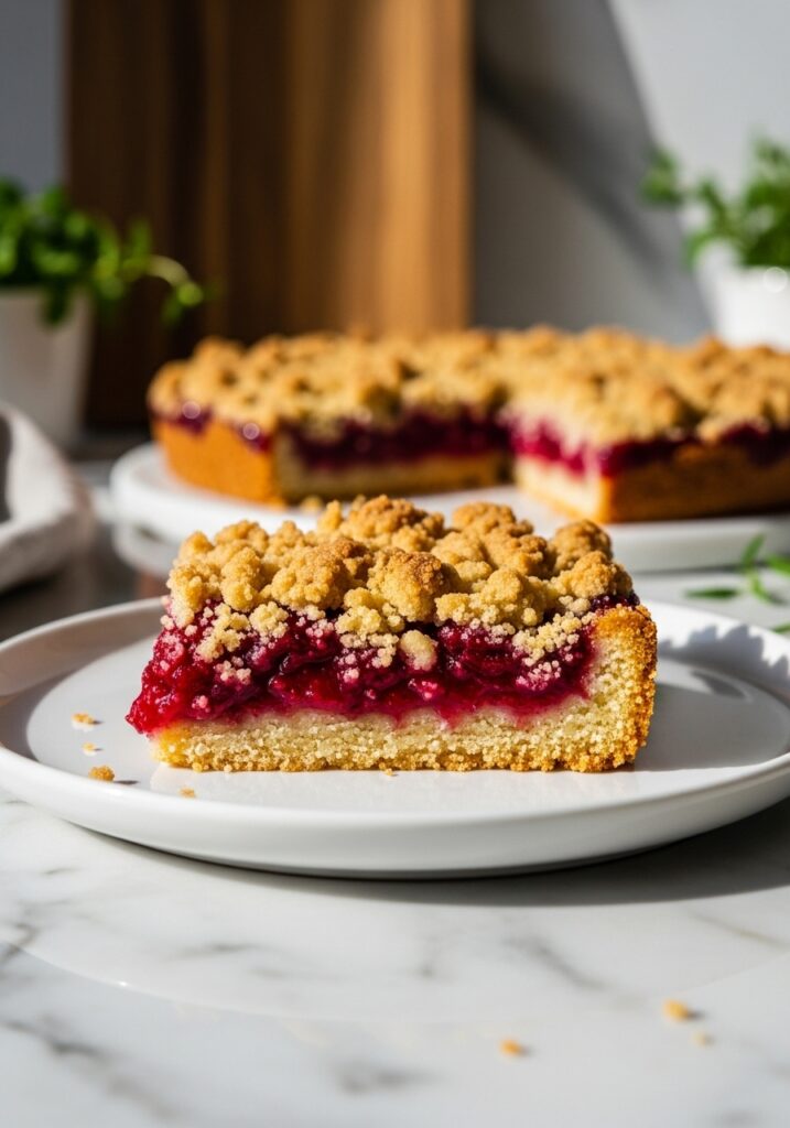 Moist Christmas Cranberry Bars A close-up side view of a Moist Christmas Cranberry Bar slice, perfectly plated on a minimalist white plate. This shot emphasizes the texture of the golden-brown crumb topping and the vibrant, juicy cranberry filling, revealing the tender, buttery crust beneath. The same marble countertops and wood accents from the featured image are present, with soft natural morning light casting gentle shadows. Fresh herbs are subtly visible in the background, maintaining visual consistency with the 'Kitchen's Visual Identity'. No hands or people visible.