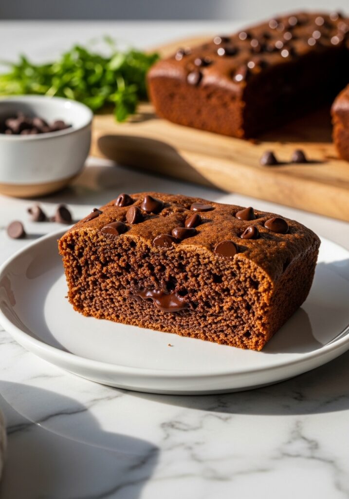 Sheet Pan Chocolate Chip Muffins, A close-up, slightly angled side view of a slice of Sheet Pan Chocolate Chip Muffin, showcasing its moist texture and melty chocolate chips, served on a minimalist white plate. It is positioned on marble countertops with subtle wood accents. Natural morning light from the east window illuminates the scene, creating soft shadows. A small ceramic bowl with a few chocolate chips is softly blurred in the background, alongside fresh herbs and the same wooden cutting board. The presentation is clean and inviting with warm tones.