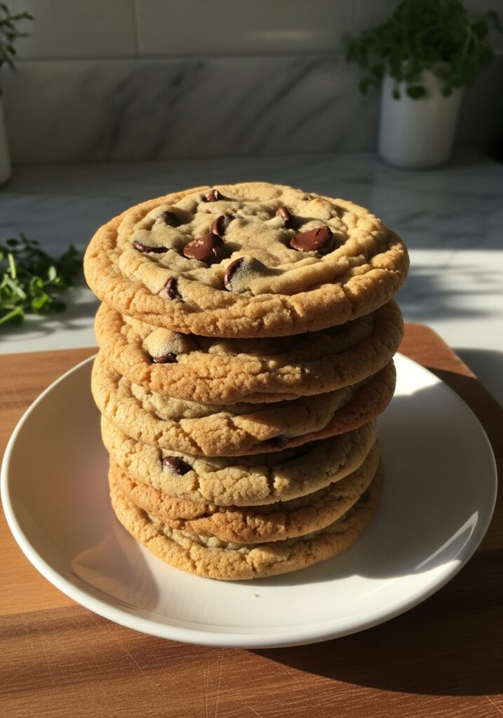 Why Your Cookies Are Flat A deliciously appealing stack of perfectly baked, thick, and golden-brown chocolate chip cookies, viewed from a slightly elevated side angle, showcasing their chewy centers and slightly crisp edges. The cookies are arranged on a minimalist white plate, sitting on the wooden cutting board, with soft shadows and warm tones, illuminated by natural morning light from the east window. The marble countertops and a hint of fresh herbs are in the background, maintaining a consistent kitchen aesthetic, without any hands or people.