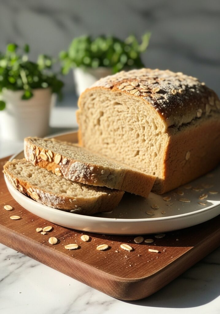 Gluten Free Bread Recipe A close-up shot of the finished Honey Oat Gluten-Free Sandwich Bread, sliced and stacked slightly askew on a minimalist white plate, revealing its soft, airy crumb. It sits on the same wooden cutting board, bathed in natural morning light, casting warm, soft shadows. Fresh herbs are subtly in the background, creating a clean and tidy presentation on the marble countertop. The bread looks incredibly soft and inviting.