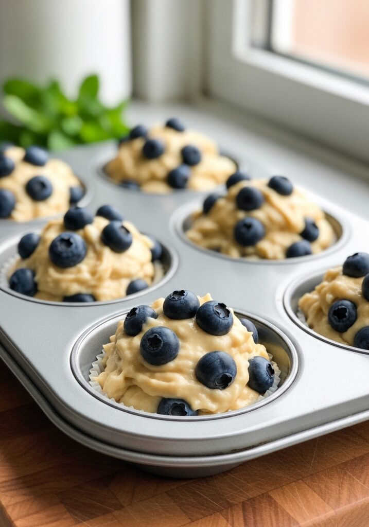 Healthy Blueberry Muffins A 3:4 close-up shot of a muffin tin filled with unbaked Almond Flour Blueberry Muffin batter, perfectly mounded and studded with vibrant blueberries. The metallic muffin tin sits on the wooden cutting board, catching soft natural morning light from the east window. A hint of fresh mint is visible in the background, maintaining the clean and tidy presentation. NO HANDS.