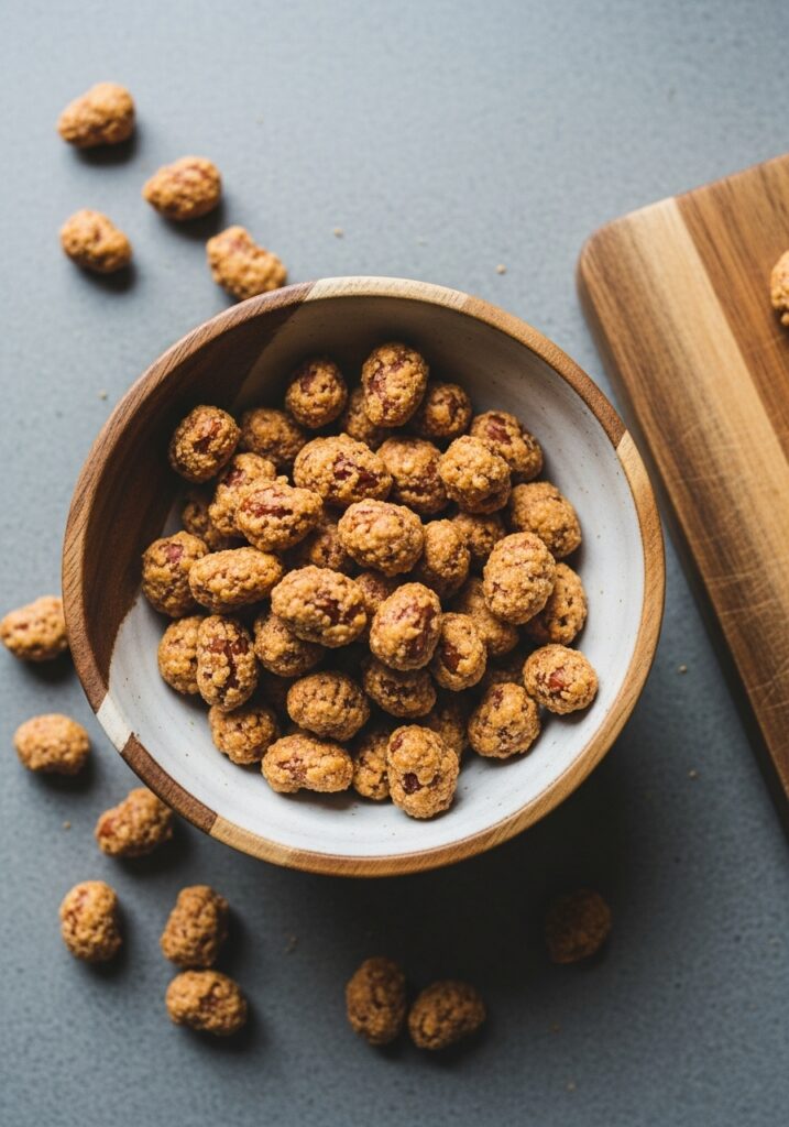 How to Candy Nuts A rustic, overhead shot of the finished candied nuts scattered on a ceramic bowl with wood accents, emphasizing their crunchy texture and golden hue, with soft natural morning light from the east window and the wooden cutting board visible in the corner.