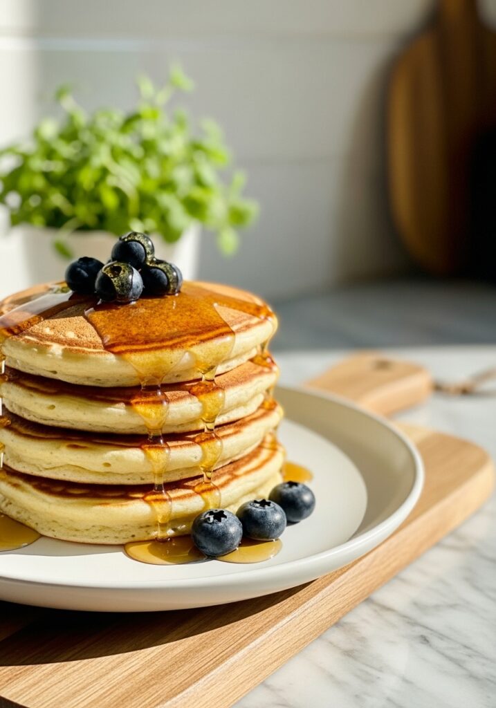 A close-up, slightly angled shot of the final plated stack of fluffy, golden-brown pancakes, generously drizzled with syrup and topped with a few fresh blueberries. It sits on a minimalist white plate on the wooden cutting board, with the marble countertop and soft morning light creating a warm atmosphere. Fresh herbs are blurred in the background, clean and tidy. NO HANDS. Pancake Mix from Scratch