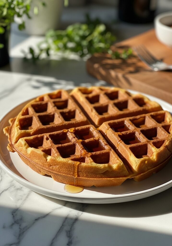 Pancake vs Waffle A close-up, slightly elevated shot of a perfectly cooked, golden-brown waffle with deep, defined pockets, sitting on a minimalist white plate. A small pool of maple syrup glistens in one of the pockets. The scene is set on marble countertops with warm natural morning light and soft shadows. Fresh herbs are visible in the soft-focus background, and the familiar wooden cutting board is nearby, showcasing the waffle's irresistible crisp texture without any hands.