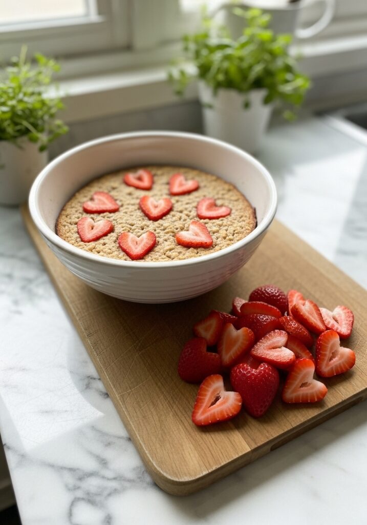 Valentines Day Baked Oatmeal A wide shot showcasing the preparation of Valentine's Day Baked Oatmeal. A ceramic bowl filled with the oatmeal mixture is on the wooden cutting board on marble countertops. A small pile of sliced fresh strawberries (not heart-shaped yet) is beside it, ready to be added. Natural morning light from an east window illuminates the scene, creating soft shadows. Fresh herbs are visible in the background, offering a natural accent. The scene is clean, tidy, and exudes warm tones, emphasizing the genuine love for the process.