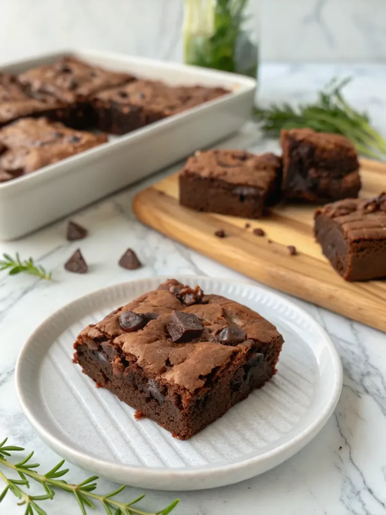 A close-up, delicious shot of the fudgy interior of a cut No-Fuss Fudgy Brownie, revealing its moist, dense texture and melted chocolate chips. The brownie sits on a minimalist white plate on marble countertops, with natural morning light creating gentle highlights and shadows. The consistent wooden cutting board and fresh herbs are subtly visible in the soft background. No hands. (3:4)