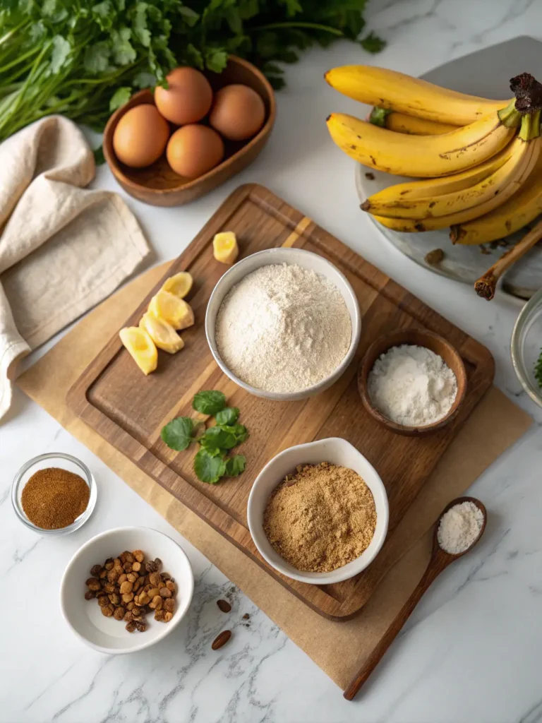 Banana Bread Cobbler Recipe A Banana Bread Cobbler Recipe top-down shot of the Banana Bread Cobbler ingredients laid out on a wooden cutting board on a marble countertop, showing ripe bananas, brown sugar, flour, and spices ready for mixing. Natural morning light creates soft shadows and warm tones, with fresh herbs subtly in the background. The scene is clean and tidy. NO HANDS.