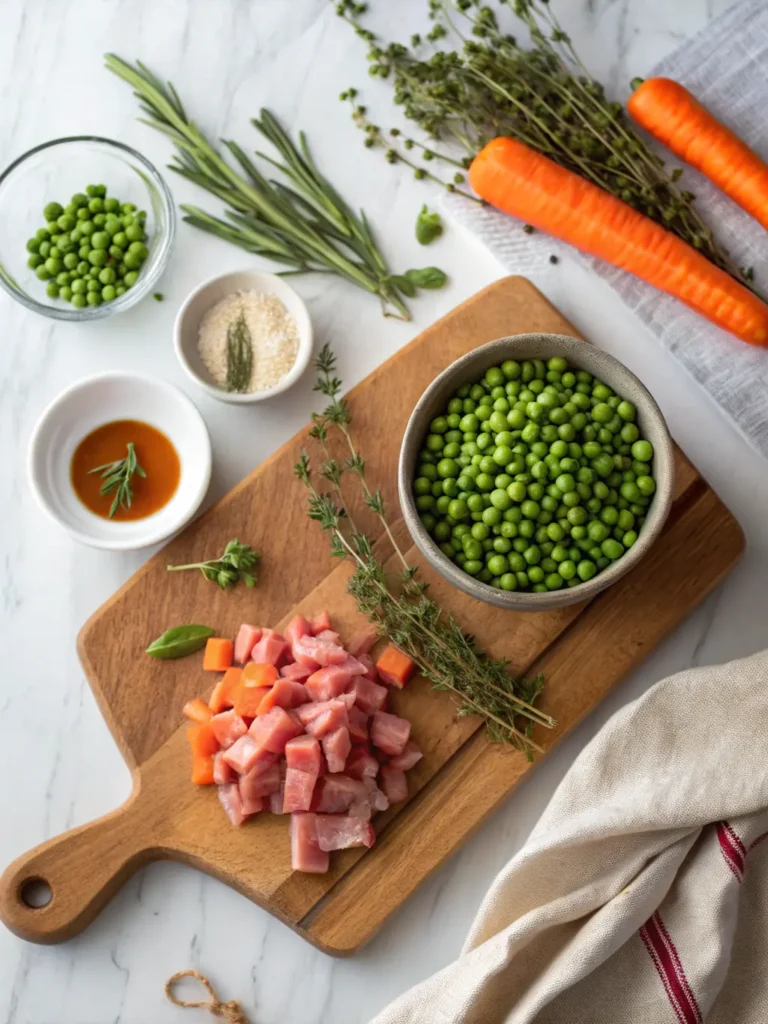 Creamy Rich Chicken Stroganoff A rustic, top-down shot of vibrant, fresh ingredients for a hearty soup: an unpeeled carrot, a handful of dried split peas, a chunk of savory ham or chicken, and a bundle of fresh thyme sprigs, all arranged neatly on a wooden cutting board on a marble countertop. Natural morning light filters in from an east window, creating warm tones and soft shadows. The scene is clean and tidy. No hands. (3:4 aspect ratio)