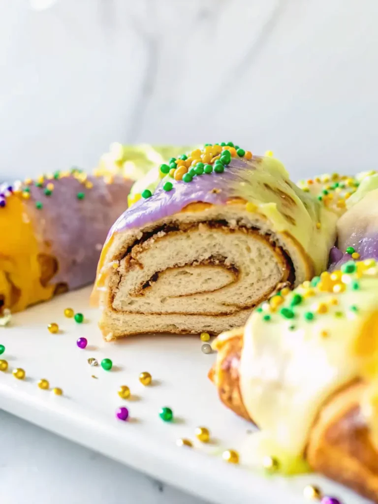 Easy King Cake Recipe A close-up shot of the raw King Cake dough, formed into a ring on parchment paper on a wooden cutting board, just before its second rise. The scene is brightened by natural morning light, with fresh herbs subtly in the background on a marble countertop. (3:4 ratio)
