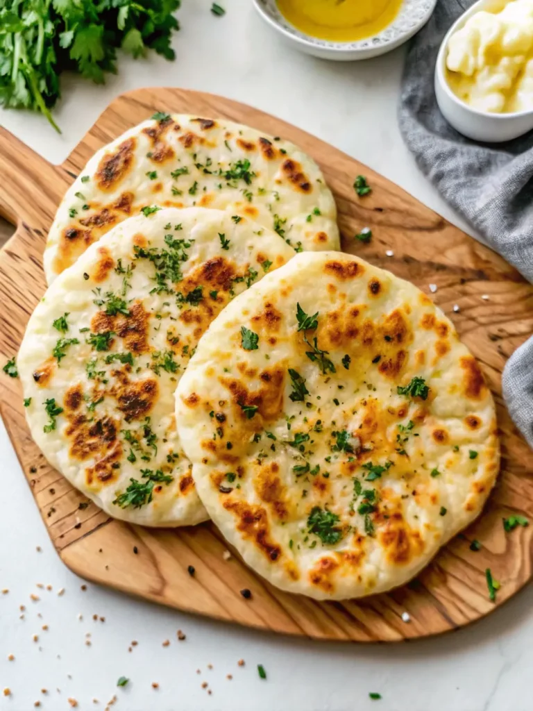 Fluffy Cottage Cheese Flatbread Recipe A clean, tidy overhead shot of ingredients for fluffy cottage cheese flatbread: a ceramic bowl of flour, a small bowl of cottage cheese, a bottle of olive oil, and a bunch of fresh parsley on a white marble countertop with the signature wooden cutting board nearby. Soft morning light, warm tones. (3:4 ratio).