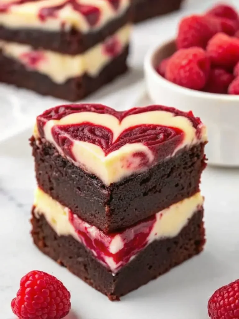 Ingredients laid out for Heart Shaped Raspberry Brownies: a bowl of vibrant fresh raspberries, softened cream cheese, cocoa powder, flour, and a stick of butter on a wooden cutting board. All are arranged neatly on a marble countertop, illuminated by natural morning light with soft shadows. (3:4 ratio)