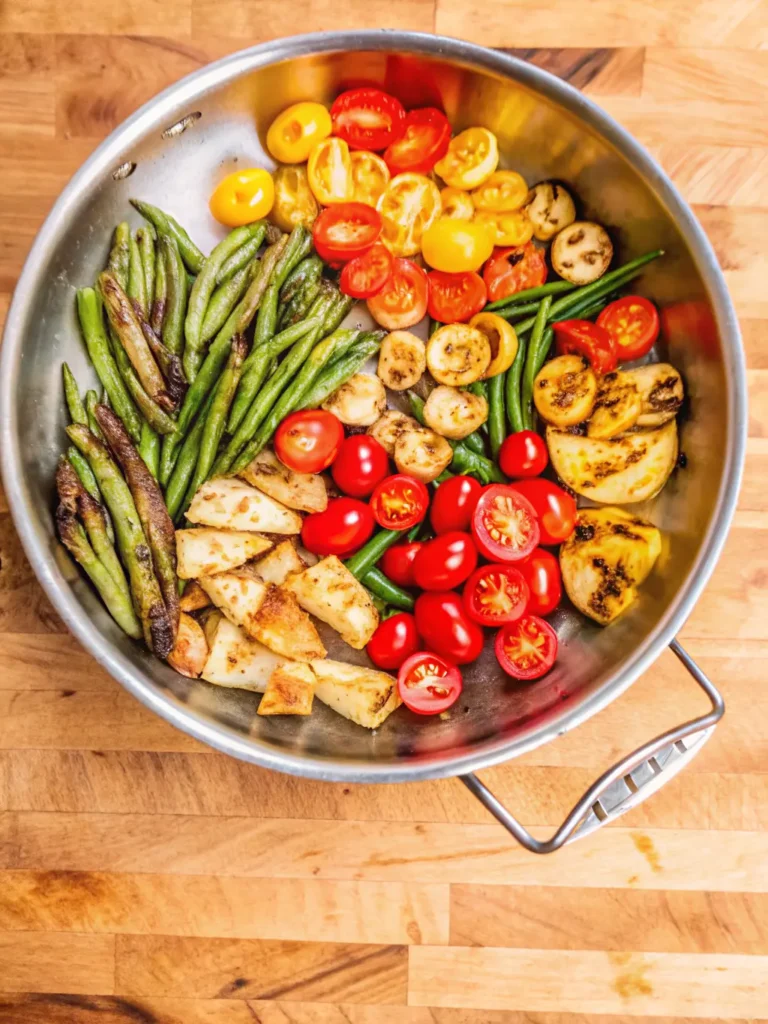 Pesto Chicken Tortellini and Veggies A close-up, elevated view of fresh, raw ingredients laid out on a wooden cutting board, ready for Pesto Chicken and Veggies. Displayed are raw chicken breast pieces, a whole green zucchini, a bunch of fresh asparagus, green beans, and whole red and yellow cherry tomatoes. A small ceramic bowl of vibrant green pesto sits nearby. The scene is bathed in natural morning light from an east window, highlighting the fresh textures. Marble countertop and soft shadows are visible. NO HANDS OR PEOPLE. (3:4 ratio)