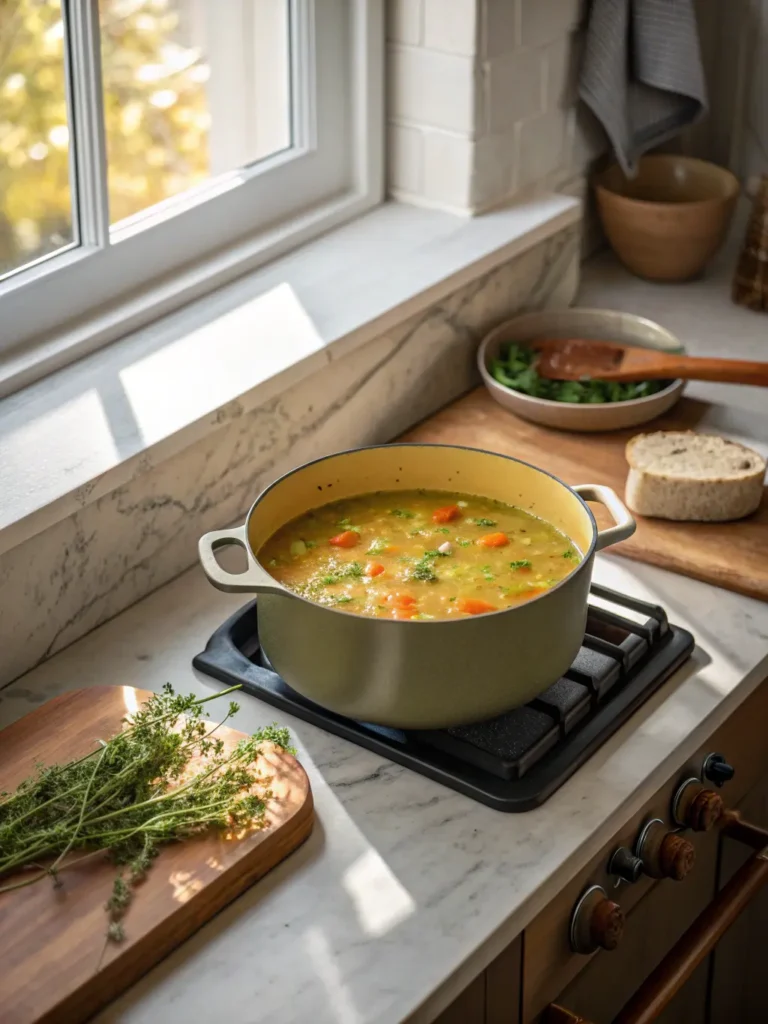 Split Pea Soup Recipe A cozy, high-angle shot of a large Dutch oven filled with Split Pea Soup simmering gently on a stovetop, with steam visibly rising. The scene includes the same wooden cutting board nearby and a sprig of fresh thyme, all bathed in natural morning light from an east window on marble countertops. Warm tones, soft shadows, and a tidy kitchen environment, emphasizing the warmth and comfort of the cooking process.