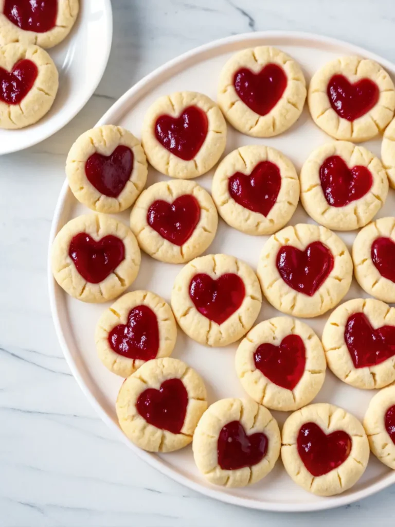 Thumbprint Heart Cookies Recipe A collection of ingredients for thumbprint cookies: softened butter in a white ceramic bowl, flour in another ceramic bowl, a small jar of vibrant red raspberry jam, and a heart-shaped cookie cutter, all arranged on a wooden cutting board on a white marble countertop. Natural morning light from an east window, soft shadows, fresh green herbs in the background. No hands. 3:4 aspect ratio.