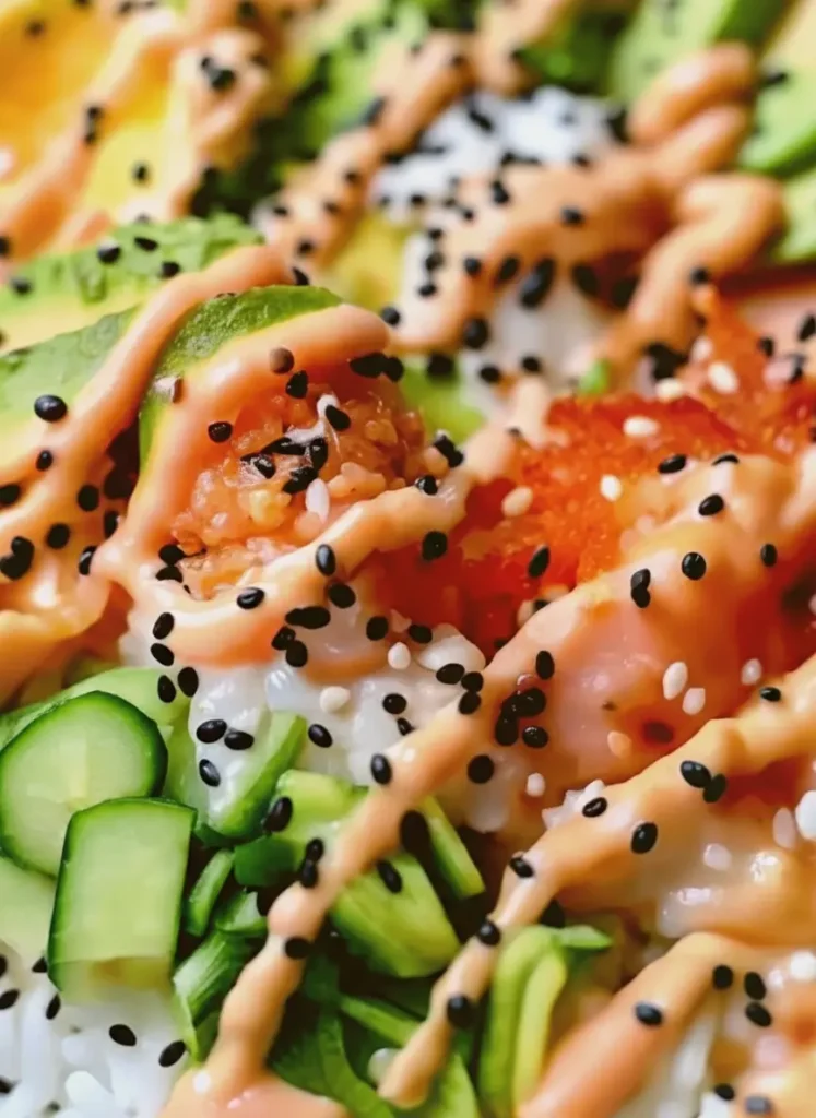 California Roll Sushi Bowls A preparation shot on a marble countertop showing the raw ingredients. A wooden cutting board holds a pile of sliced cucumbers, a halved avocado with the pit removed, and a block of imitation crab meat. A small bowl of uncooked short-grain rice and a bottle of sriracha are in the background. Fresh green herbs are blurred in the distance. 3:4 aspect ratio, soft lighting.