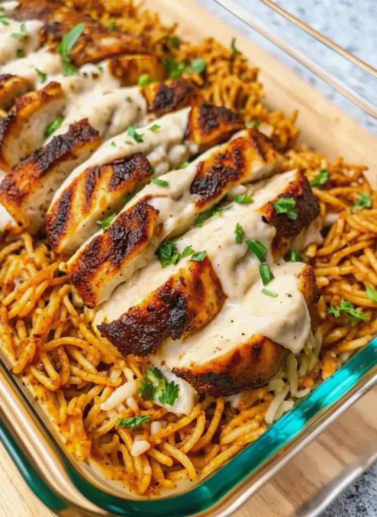 Creamy Cajun Chicken And Rice Raw chicken breasts sitting on a wooden cutting board next to a small bowl of red Cajun spices and a measuring cup of uncooked rice and vermicelli mix. Marble background, soft lighting, 3:4 aspect ratio.