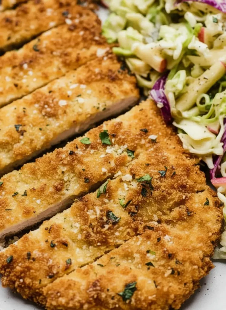 Crispy Chicken Cutlets with Apple Slaw A 3:4 close-up shot of raw chicken breasts, pounded thin on a wooden cutting board, surrounded by bowls of Panko breadcrumbs, flour, and beaten eggs, with fresh parsley sprigs nearby. The marble countertop is visible, illuminated by natural morning light, creating soft shadows and warm tones.