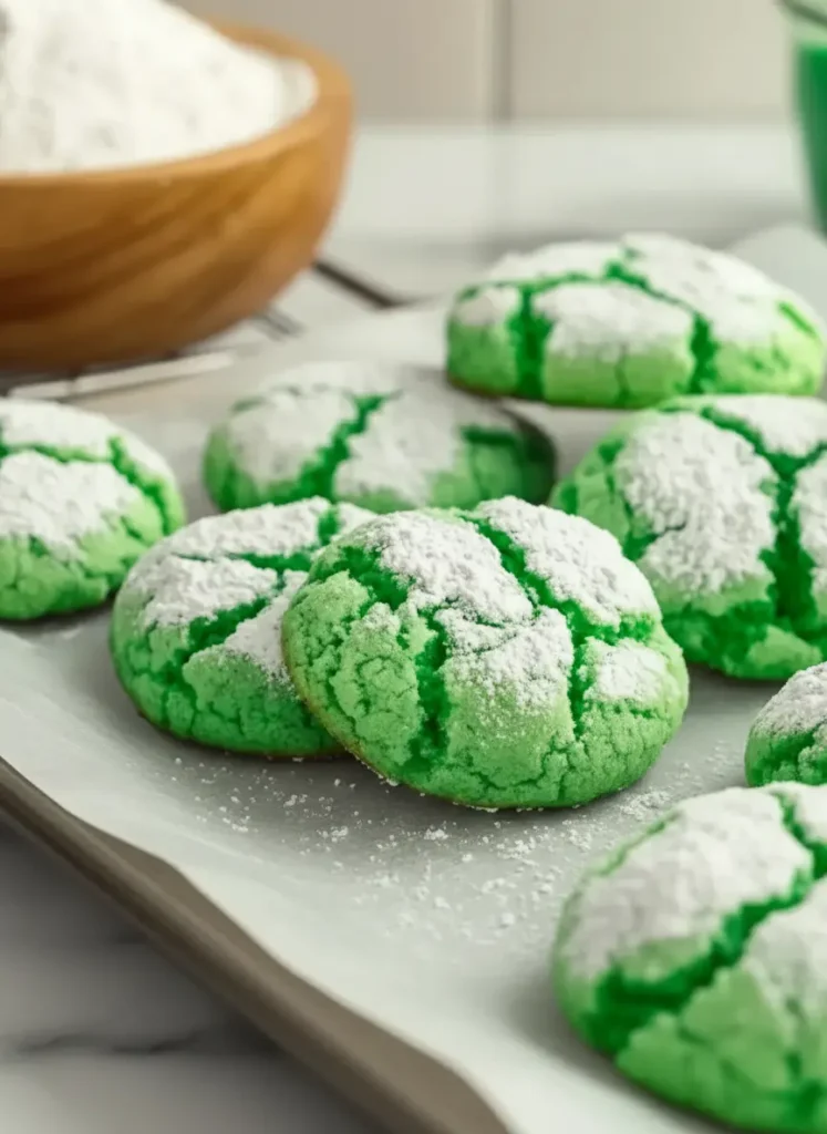 St. Patrick’s Day Cookies A rustic wooden bowl filled with vibrant green cookie dough, with a small bottle of green gel food coloring, a measuring spoon, and some flour and sugars visible around it on a wooden cutting board. Shot on a marble countertop with natural morning light, soft shadows, warm tones, clean and tidy. No hands or people. (3:4 ratio)