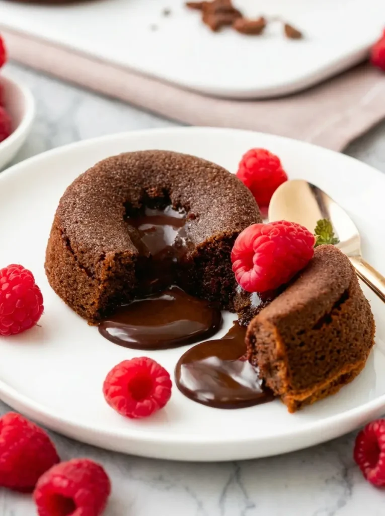 Molten Lava Cake Recipe Ingredients shot, 45-degree angle. On a wooden cutting board, chunks of dark baking chocolate, a bowl of eggs, a stick of butter, and a small ceramic bowl of fresh raspberries. In the background, a whisk and a dusting of cocoa powder on the marble surface. Natural lighting, sharp focus on texture.