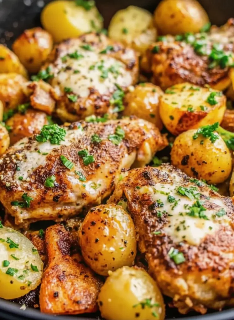 Garlic Parmesan Chicken Thighs and Potatoes Eye-level shot of ingredients on a wooden cutting board: raw bone-in chicken thighs, a mesh bag of baby yellow potatoes, a block of parmesan cheese, fresh garlic bulbs, and a bunch of parsley. In the background, a white ceramic bowl sits on a marble counter. Natural lighting.