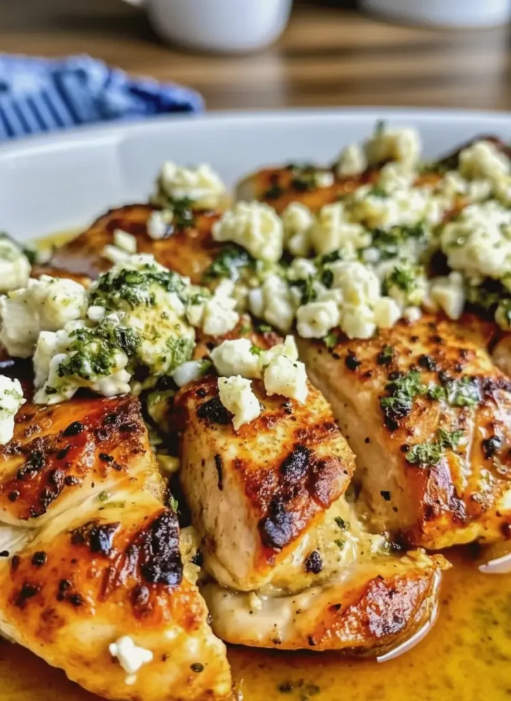 Greek Chicken with Lemon and Feta Eye-level shot of raw chicken breasts on a wooden cutting board, being coated in a marinade of olive oil, garlic, and dried oregano. A small bowl of marinade and a half-squeezed lemon are nearby on the marble counter. Natural lighting, clean and minimalist style.