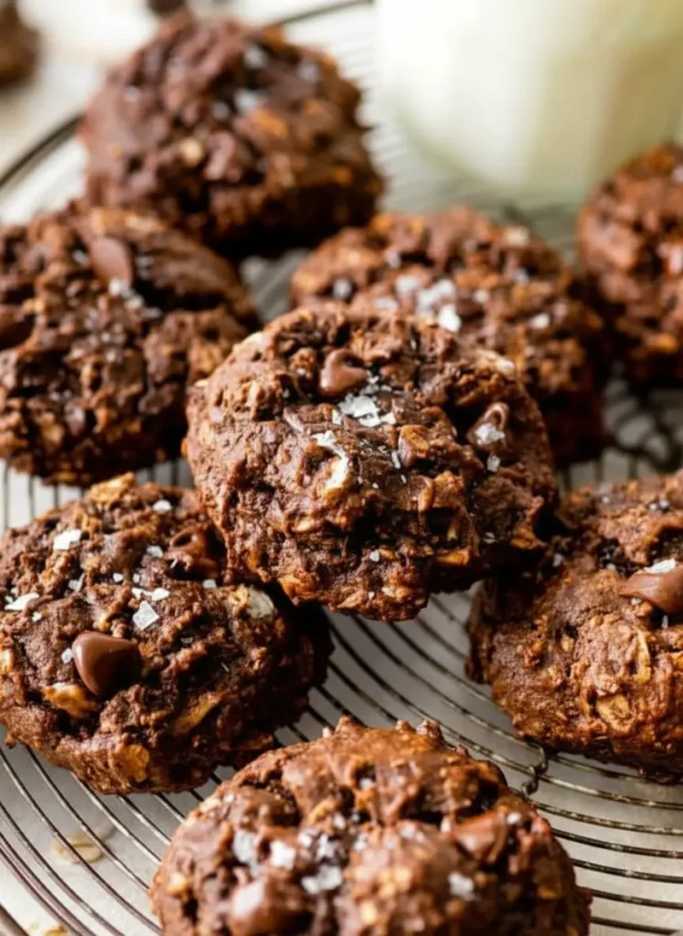 Healthy Chocolate Cookies Ingredients laid out for dark chocolate oatmeal cookies: a minimalist white ceramic bowl with rolled oats, whole wheat flour, and cocoa powder; another ceramic bowl with melted coconut oil, maple syrup, and an egg; dark chocolate chips scattered; measuring spoons, on the same wooden cutting board on a marble countertop. Fresh herbs subtly visible in the background. Natural morning light, soft shadows, warm tones, clean and tidy presentation. No hands or people. (3:4 ratio)