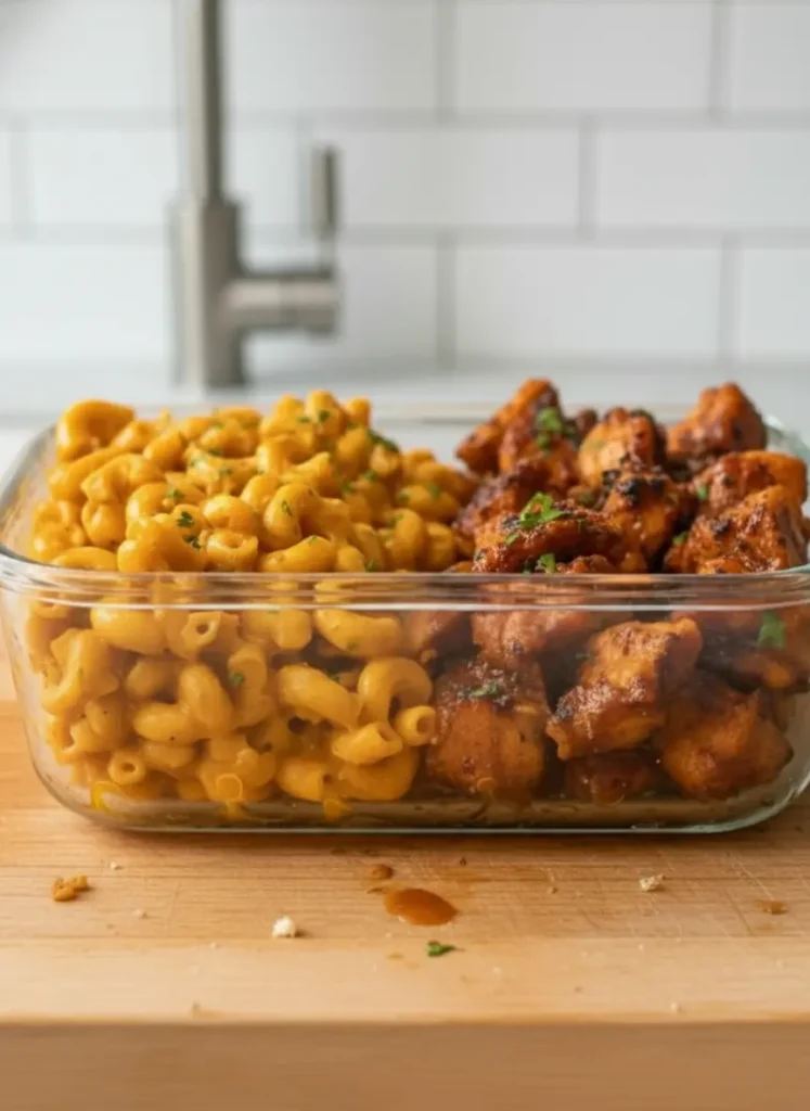 Honey Garlic Butter Chicken with Mac A preparation shot on a wooden cutting board featuring raw cubed chicken breast, a glass jar of golden honey, fresh garlic cloves, and a block of sharp cheddar cheese. Minimalist white bowls hold the dry cavatappi pasta. The scene is lit by soft, natural window light with a marble surface underneath.