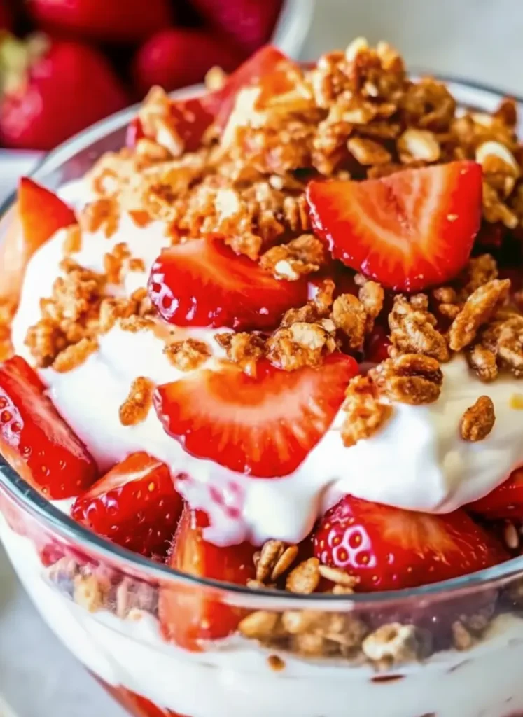 Strawberry Crackle Salad Recipe A prep shot showing fresh red strawberries being sliced on a well-worn wooden cutting board. Next to the berries is a white ceramic bowl containing raw crushed pretzels and pecans, ready for baking. The lighting is warm and natural, emphasizing the freshness of the fruit. 3:4 aspect ratio.