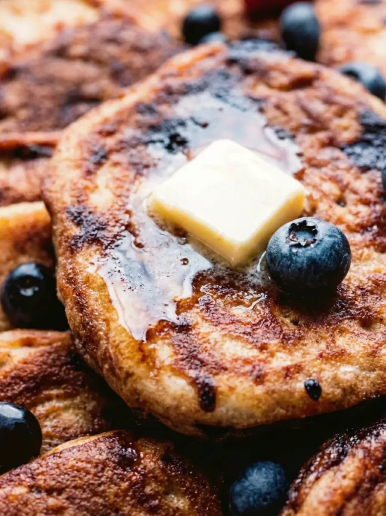 Whole Wheat Blueberry Pancakes A preparation shot on a marble countertop showing the raw ingredients. A ceramic bowl filled with tan whole wheat flour, a carton of fresh blueberries spilling slightly onto the counter, eggs, and a jug of buttermilk. Natural light hits the scene from the side, highlighting the textures of the flour and the bloom on the berries. No hands visible.