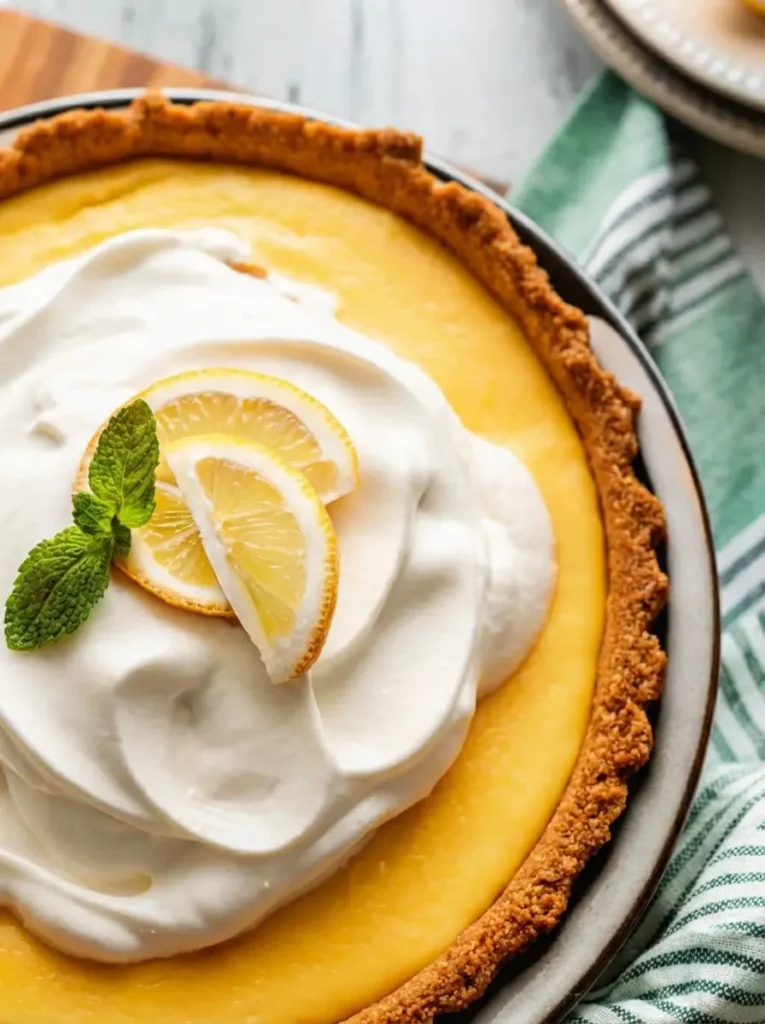Creamy Lemon Pie 7 Ingredients - Ingredients laid out for a Creamy Lemon Pie: fresh whole lemons, a bowl of graham cracker crumbs, a stick of butter, a can of sweetened condensed milk, and separated egg yolks in small ceramic bowls, all arranged on a marble countertop next to a wooden cutting board, under natural morning light. Soft shadows and warm tones, clean and tidy presentation. No hands or people visible. (3:4 ratio)