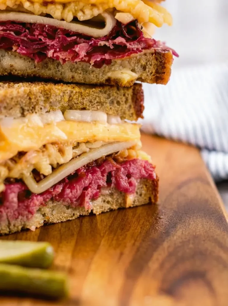 Reuben Sandwich Recipe A thoughtfully arranged collection of fresh ingredients for a Reuben sandwich: slices of marbled rye bread, thinly sliced corned beef, a block of Swiss cheese, a ceramic bowl filled with well-drained sauerkraut, and a small dish of Russian dressing. These items are neatly laid out on a clean marble countertop next to the signature wooden cutting board. Natural morning light creates soft shadows, casting warm tones over the scene, with fresh herbs peeking into view in the background. (3:4 ratio)