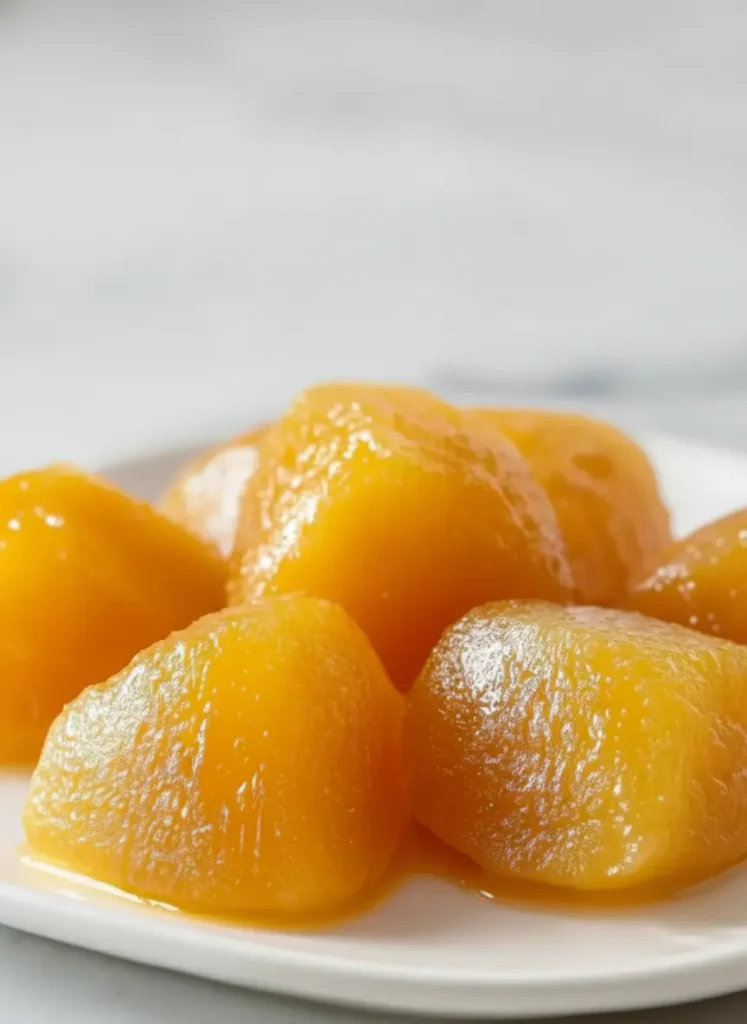Homemade Mango Mochi  An artistic arrangement of fresh, vibrant mangoes (some whole, some peeled and cubed), glutinous rice flour in a small ceramic bowl, sugar, and a dusting of cornstarch, neatly placed on a wooden cutting board, bathed in soft natural morning light on a marble countertop, with delicate soft shadows and fresh green herbs subtly in the background, reflecting a clean and tidy kitchen. (3:4 ratio)