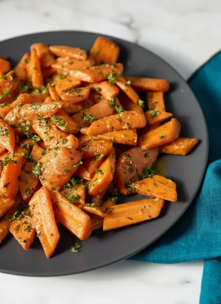 Roasted Carrots with Mustard Vinaigrette Raw carrots, peeled and cut into 1-inch diagonal chunks, neatly arranged on a classic wooden cutting board. Alongside are small ceramic bowls holding Dijon mustard, honey, apple cider vinegar, and fresh olive oil. Fresh parsley and dill are visible in the background, all bathed in soft natural morning light on a marble countertop, creating a clean, tidy mise en place. No hands or people. (3:4 ratio)