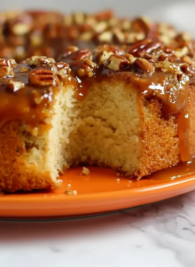 Butter Pecan Praline Poke Cake Recipe An artistic overhead shot of baking ingredients for a Butter Pecan Praline Poke Cake laid out on a clean marble countertop. Ingredients include a box of yellow cake mix, a bowl of toasted chopped pecans, a bottle of buttermilk, eggs in a ceramic bowl, and measuring cups, all bathed in natural morning light. A wooden cutting board is subtly visible, and fresh herbs are in the blurred background. (3:4 ratio)