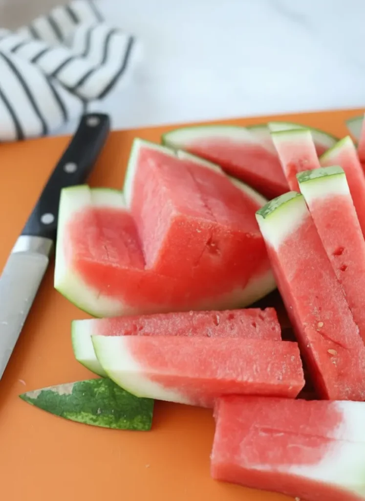 how to cut watermelon sticks - A whole, ripe watermelon on a wooden cutting board, with a large, sharp chef's knife resting beside it. Fresh mint sprigs are in a small ceramic bowl in the background. Natural morning light illuminates the marble countertop. (3:4)