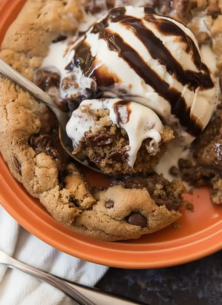 Brown Butter Chocolate Chip Skillet Cookie A top-down shot of the prep stage. A small ceramic bowl contains liquid golden-brown butter with visible toasted specks. Next to it, a wooden cutting board holds a pile of roughly chopped dark chocolate chunks and a small bowl of flour. The scene is set on a marble counter with warm, soft lighting. 3:4 aspect ratio.