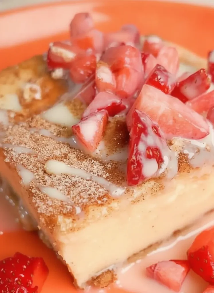 Crescent Roll Churro Cheesecake Recipe - A culinary flatlay of raw ingredients for the dessert arranged on a clean marble kitchen counter. Visible are two pristine tubes of crescent dough, block cream cheese, a small ceramic bowl filled with dark ground cinnamon and white sugar, a small bowl of shiny whole red strawberries, and a glass pourer of condensed milk, illuminated by bright morning window light. No hands in the shot.