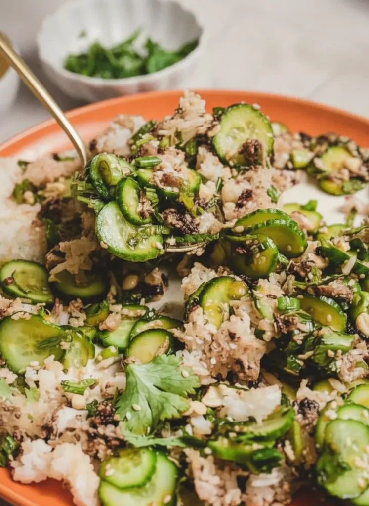 Cucumber Crispy Rice Salad Recipe A top-down prep shot on a rustic wooden cutting board. Neatly sliced Persian cucumber rounds are arranged next to a pile of fresh chopped cilantro and sliced scallions. A small bowl of day-old white jasmine rice sits nearby. The lighting is bright and natural, highlighting the textures of the fresh vegetables and the wood grain of the board.