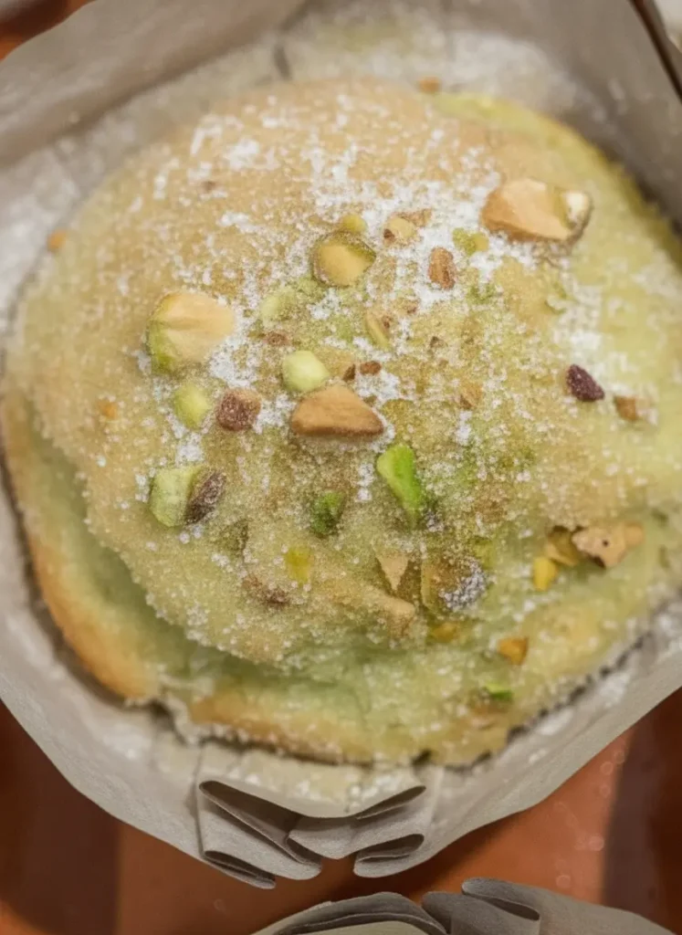 Easy Bakery-Style Pistachio Muffins - A top-down view of muffin preparation ingredients arranged neatly on a classic wooden cutting board. A small white ceramic bowl contains vibrant green chopped raw pistachios, another bowl holds fine granulated sugar, and a glass measuring cup contains creamy sour cream. Bright morning light illuminates the marble countertop in the background.