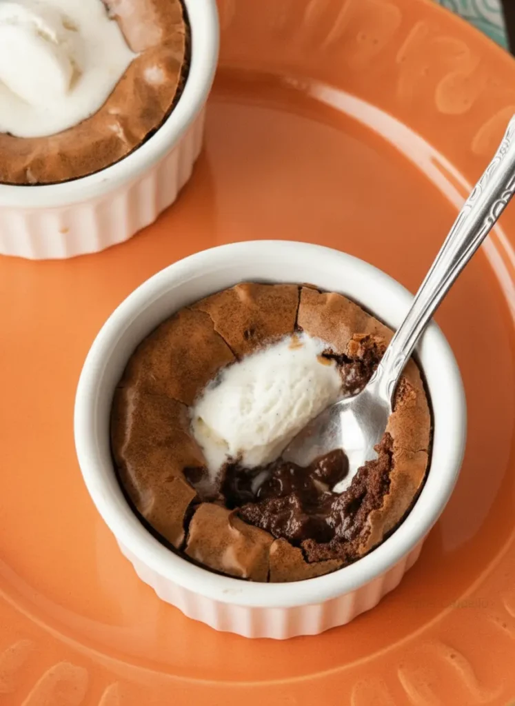 Brownies For Two A 3:4 vertical shot focusing on the preparation. Small white bowls containing measured cocoa powder, all-purpose flour, a single egg yolk, and semi-sweet chocolate chips are arranged on a marble surface. A small wooden board and a bunch of fresh mint in a glass jar are in the soft-focus background. Clean, minimalist aesthetic with bright, natural lighting.
