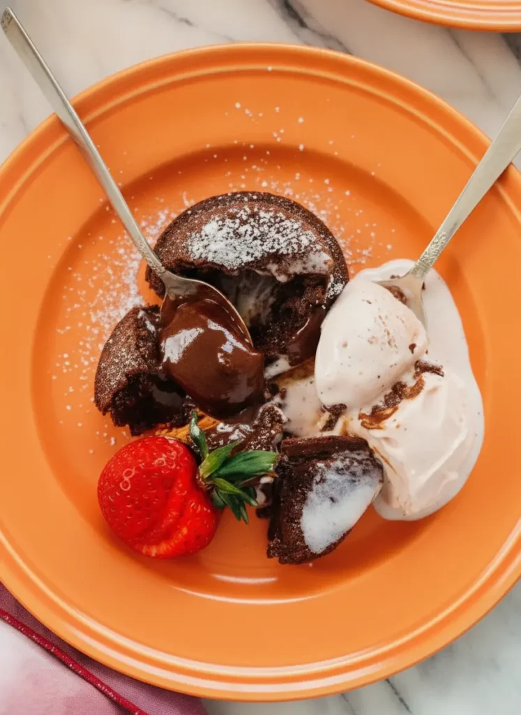 Mini Lava Cakes for Two A prep shot on a marble countertop featuring a wooden cutting board with chopped dark chocolate, a small bowl of flour, two eggs, and a small sprig of fresh mint in the background, soft morning light from an east window, 3:4 aspect ratio.