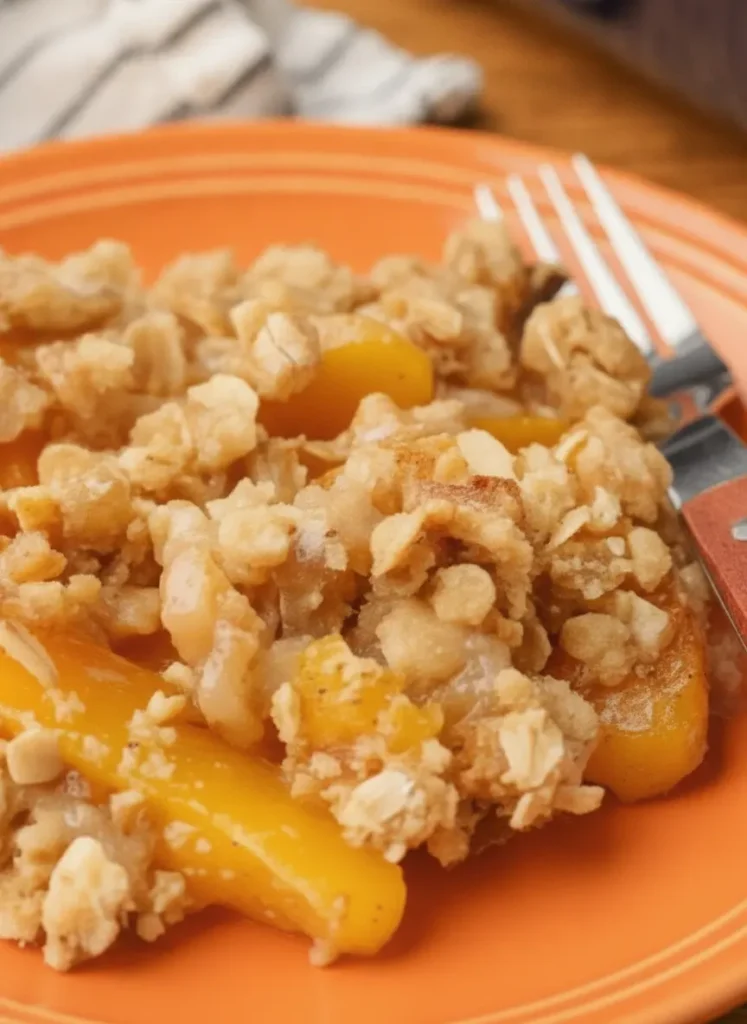 Peach Crisp with Canned Peaches A top-down view of two open cans of peaches, a bowl of rolled oats, and cubes of butter arranged on a white marble countertop. A wooden cutting board and a small sprig of fresh mint are visible in the corner. The lighting is bright and clean, emphasizing a tidy prep session.