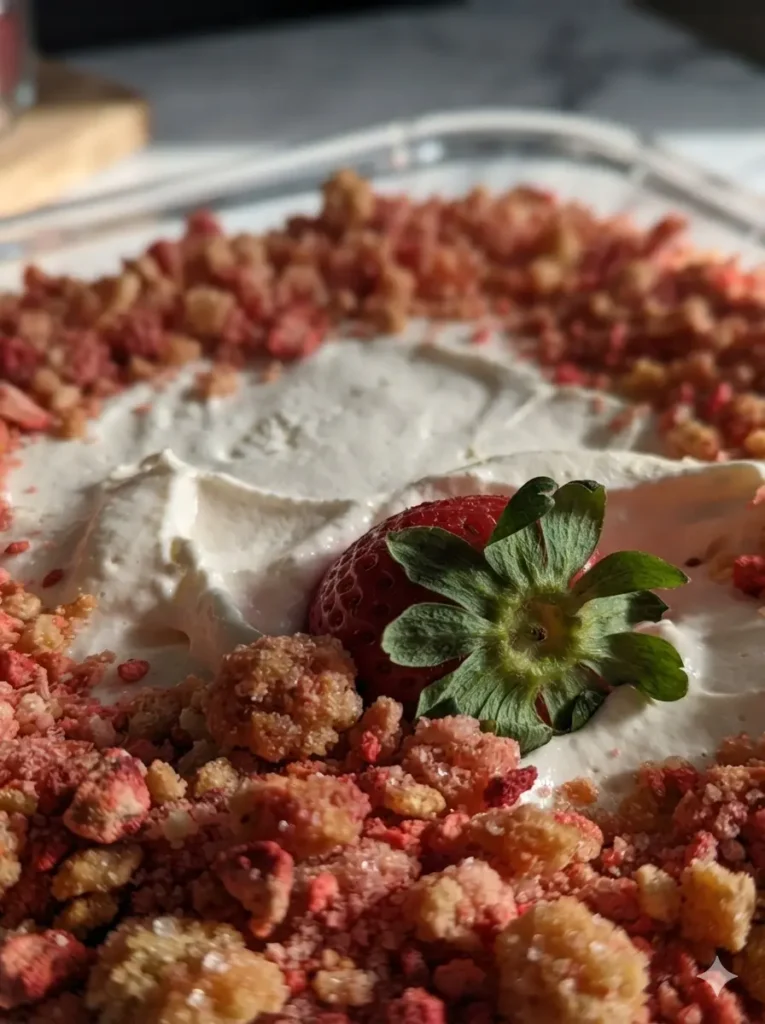 Strawberry Shortcake Cheesecake Delight A 3:4 shot focusing on the ingredients on a marble countertop. A block of white cream cheese, a wooden bowl of golden crushed wafers, and a container of bright red strawberries are arranged neatly. Warm morning light illuminates the scene with the signature wooden cutting board in the corner.